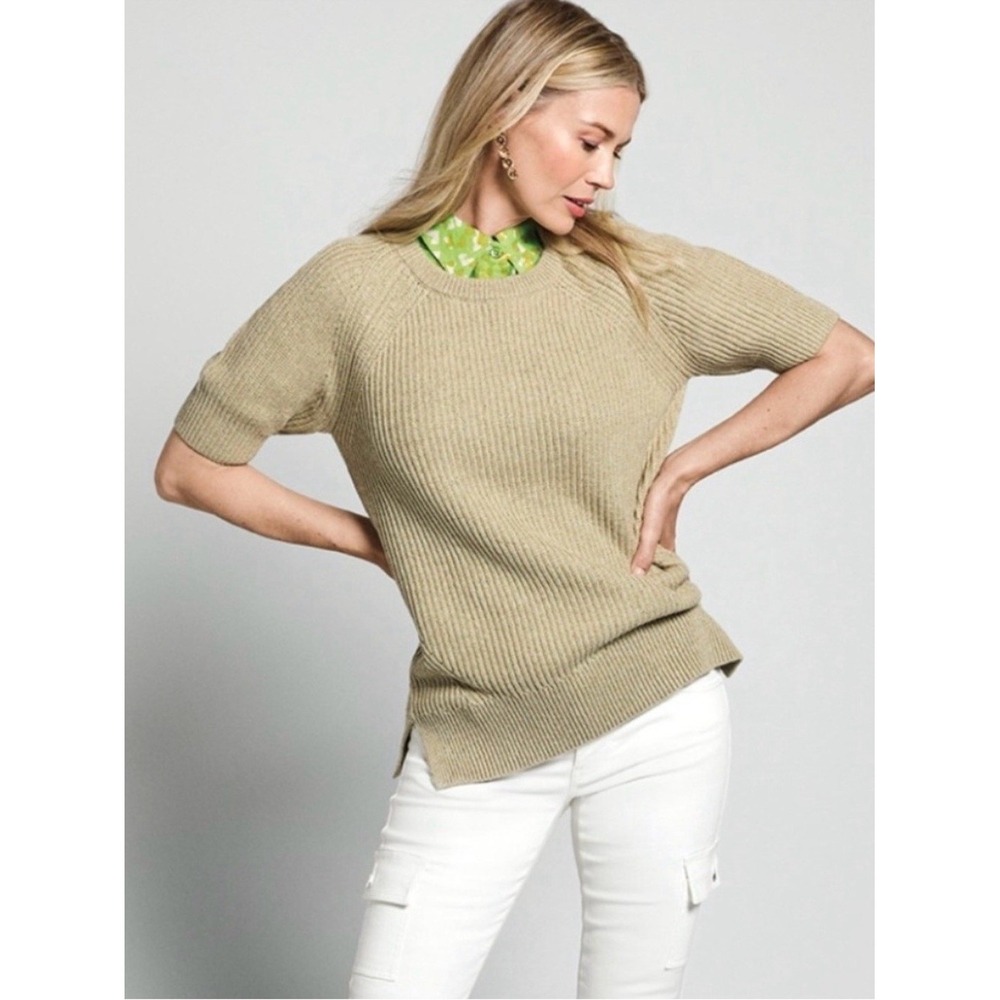 Cabi Sweater Womens M Olive Green NEW Ribbed Short Sleeve Raglan Crew Neck 2542
